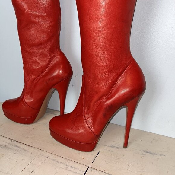 Casadei Red 100% Leather Over The Knee Boots - Picture 7 of 14